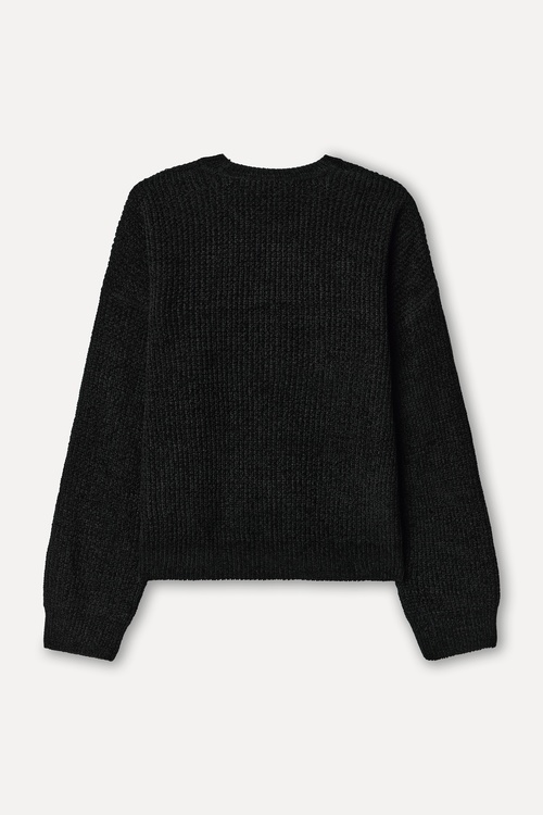  Kadın Siyah Loose Fit Bisiklet Yaka Kazak