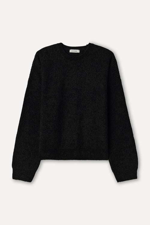 Kadın Siyah Loose Fit Bisiklet Yaka Kazak