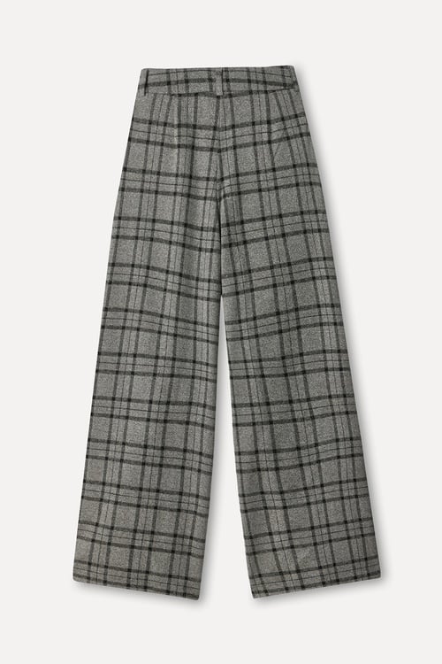 Kadın Gri Ekoseli Wide Leg Pantolon