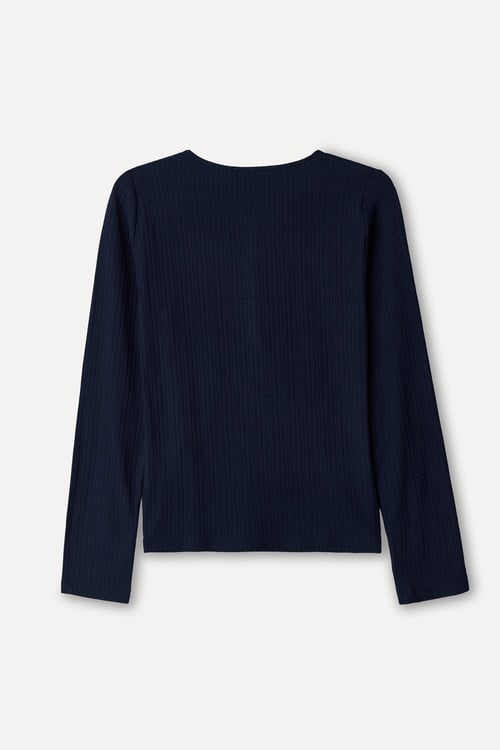 Kadın Lacivert Fitted Henley Yaka Uzun Kollu T-Shirt