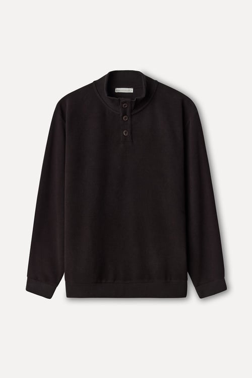 Erkek Kahverengi Düğmeli Dik Yaka Sweatshirt