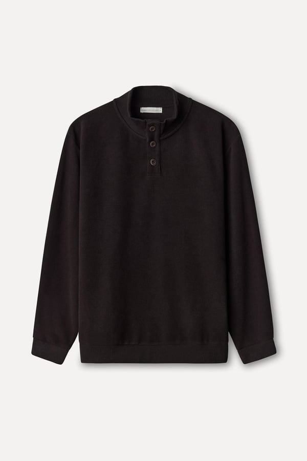 Erkek Kahverengi Düğmeli Dik Yaka Sweatshirt