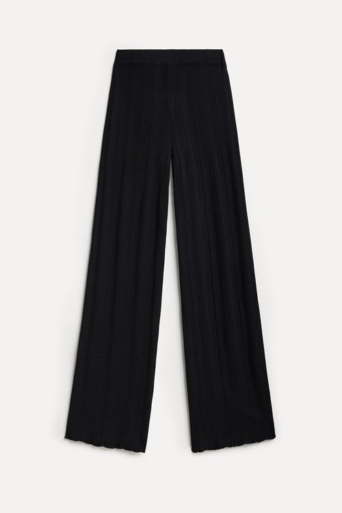 Kadın Siyah Beli Lastikli Wide Leg Triko Pantolon