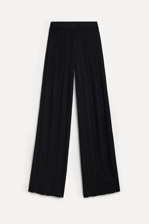 Kadın Siyah Beli Lastikli Wide Leg Triko Pantolon