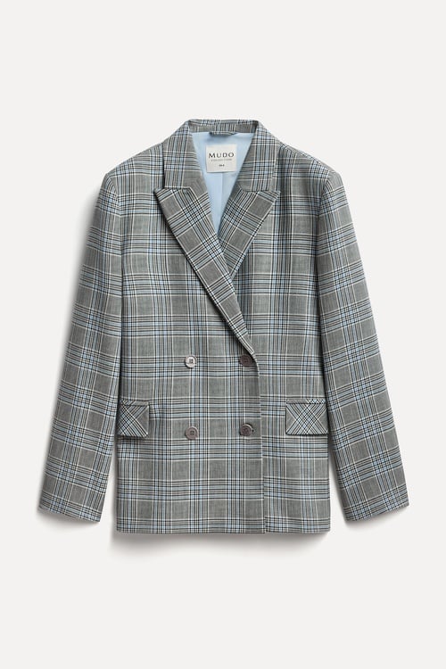 Kadın Gri Ekoseli Oversize Blazer Ceket