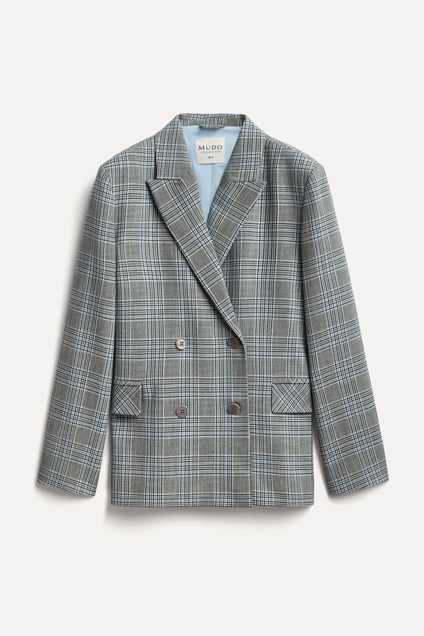 Kadın Gri Ekoseli Oversize Blazer Ceket