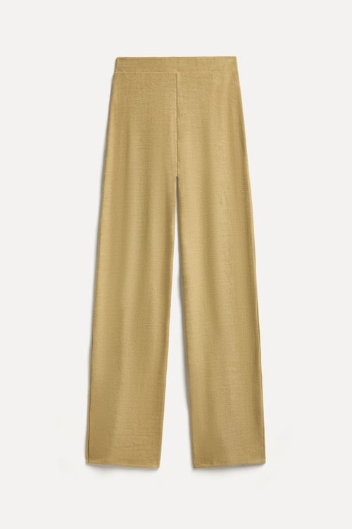 Kadın Bej Rengi Beli Lastikli Wide Leg Triko Pantolon