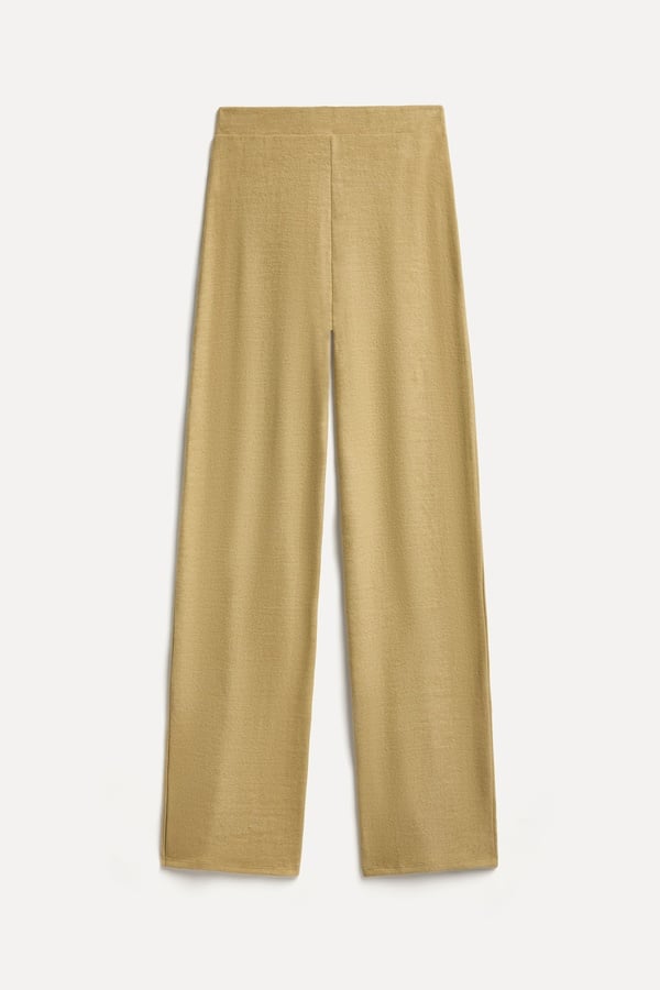 Kadın Bej Rengi Beli Lastikli Wide Leg Triko Pantolon