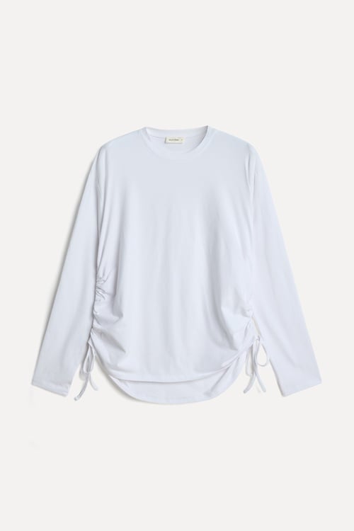 Kadın Kırık Beyaz Pamuklu Uzun Kollu Bisiklet Yaka T-Shirt