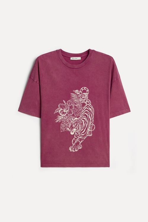 Kadın Pembe Pamuklu Baskılı Bisiklet Yaka T-Shirt