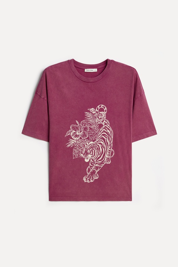Kadın Pembe Pamuklu Baskılı Bisiklet Yaka T-Shirt