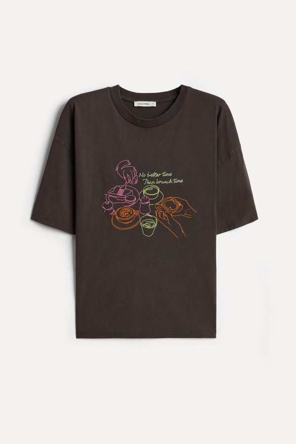 Kadın Kahverengi Baskılı Bisiklet Yaka T-Shirt