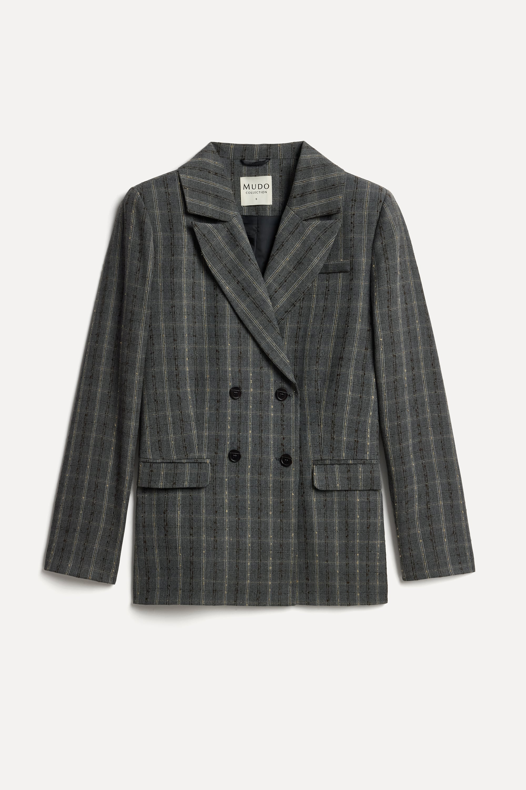Kadın Gri Ekoseli Kruvaze Blazer Ceket