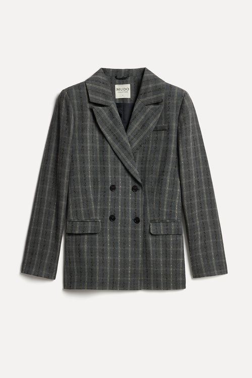 Kadın Gri Ekoseli Kruvaze Blazer Ceket