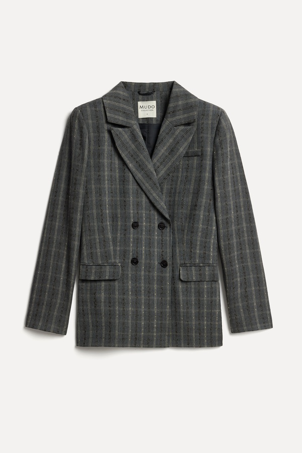 Kadın Gri Ekoseli Kruvaze Blazer Ceket